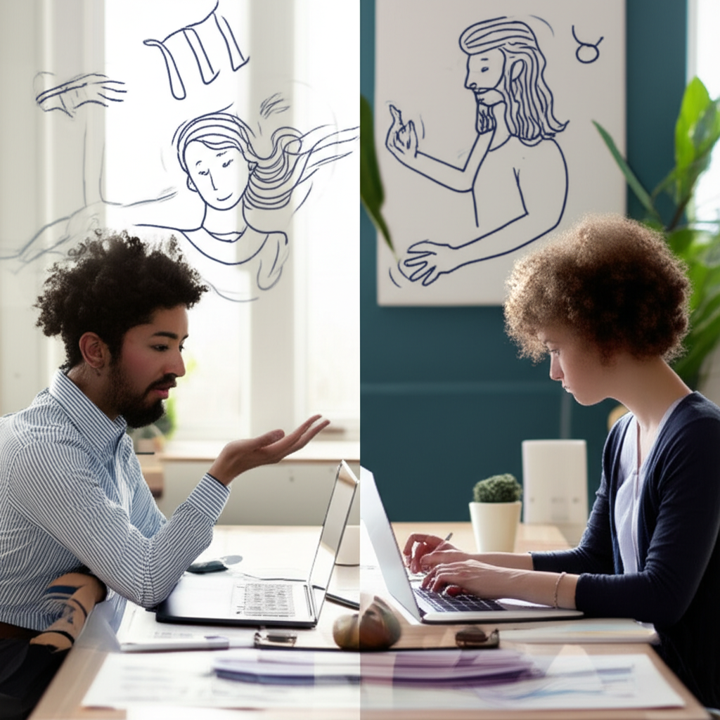 Совместимость знаков зодиака Близнецы и Телец работа: двое коллег с разными стилями работы успешно сотрудничают над проектом в современном офисе, демонстрируя продуктивное взаимодействие воздуха и земли.