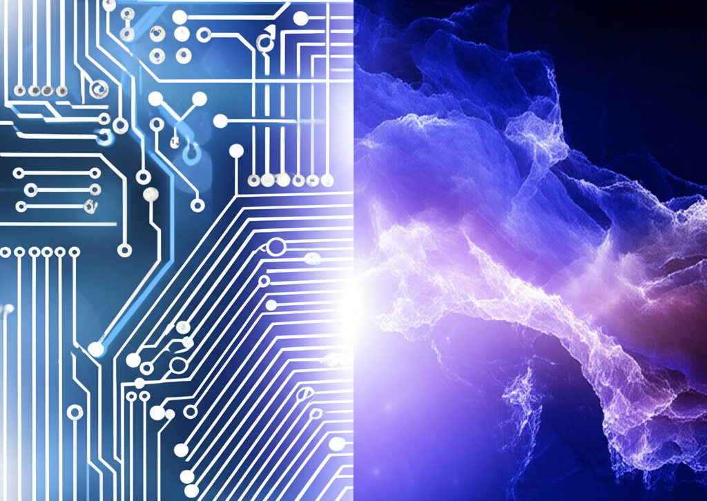 Абстрактная иллюстрация, показывающая, когда заканчивается Водолей и начинается период Рыб, с переходом от голубых геометрических форм к фиолетовым водным потокам.