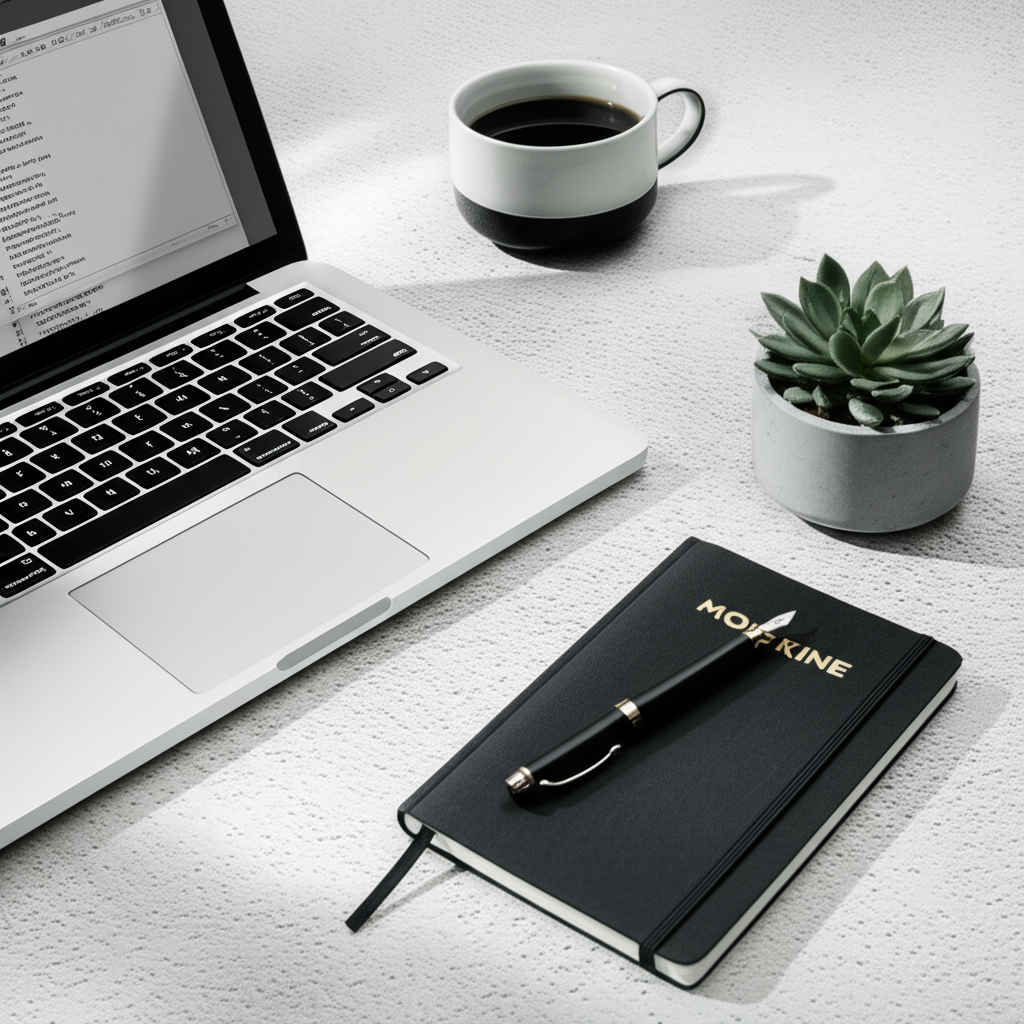 Современное рабочее пространство, где создается колонка анастасии якуба: ноутбук, блокнот и кофе.