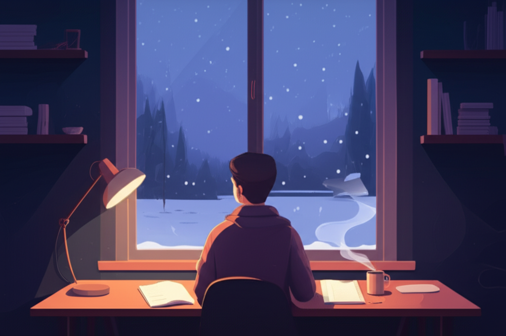 Колонка Анастасии Якуба Декабрь: человек планирует будущий год за столом у окна.