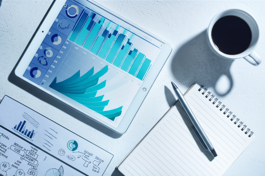 Аналитический разбор трендов, которые освещает колонка Анастасии Якуба февраль, на фоне рабочего стола с графиками.