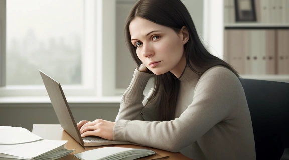 Фотография Анастасии Якубы, сосредоточенно работающей над своей колонкой в марте, символизирующая экспертный анализ.