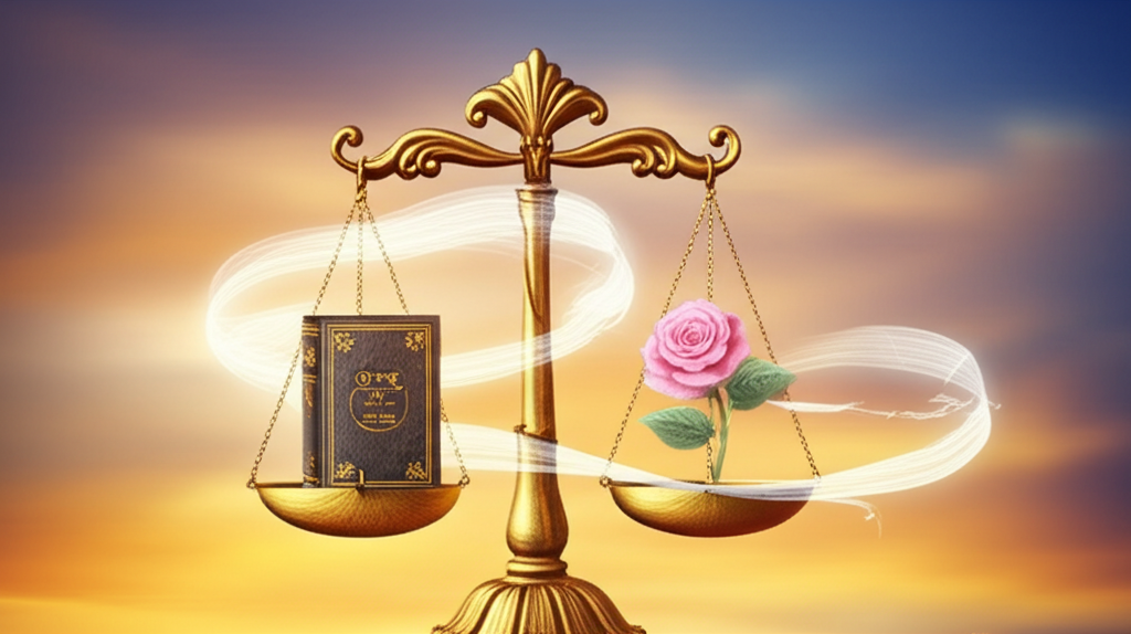 Иллюстрация, символизирующая конец сентября знак зодиака Весы, с весами, уравновешивающими книгу и розу на фоне заката.