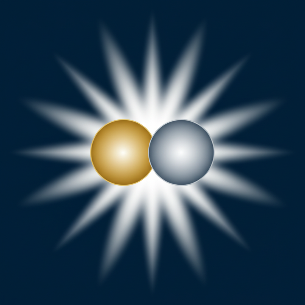 Символическое изображение, где показана конъюнкция в гороскопе в виде слияния двух планет.