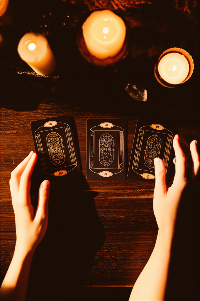 Женские руки выполняют короткий расклад на картах Таро для получения быстрого совета.