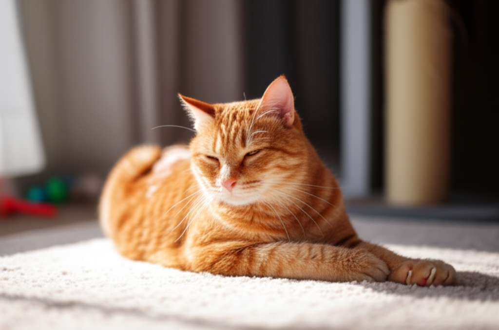 Счастливая рыжая кошка в доме отдыхает на уютном ковре в лучах утреннего солнца.