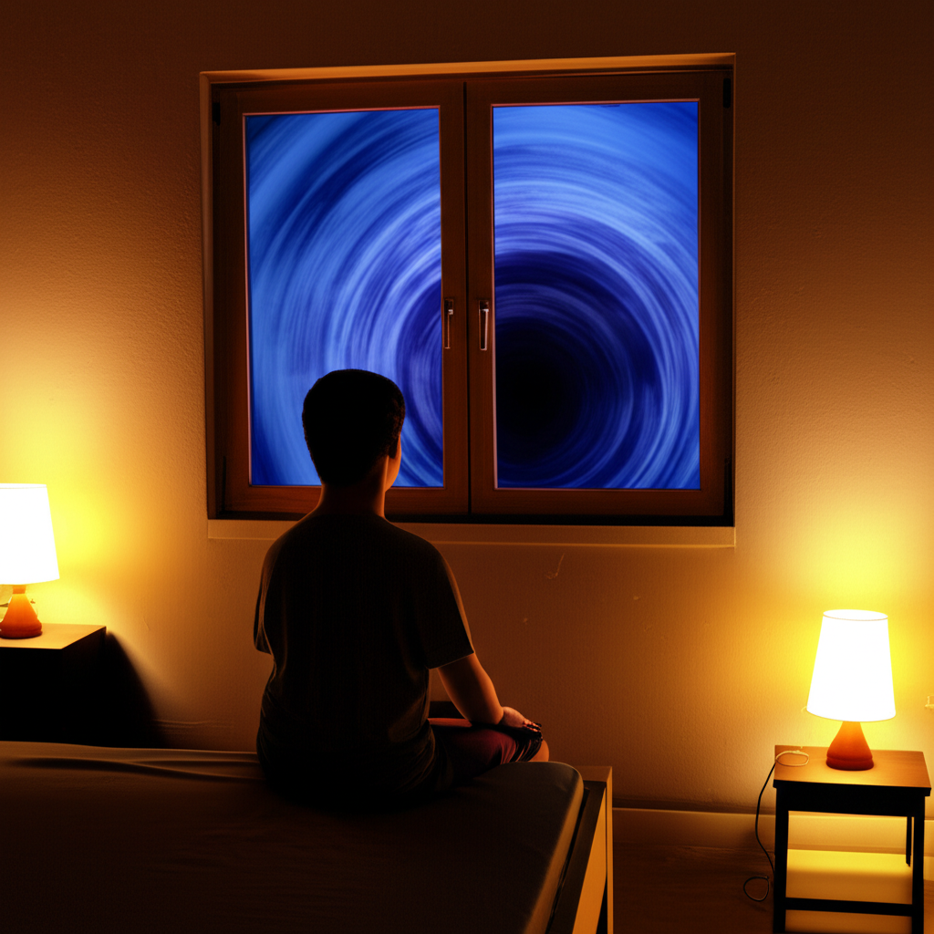 Человек сидит на кровати после того, как ему приснились кошмарные сны, и смотрит в окно на тревожное небо.