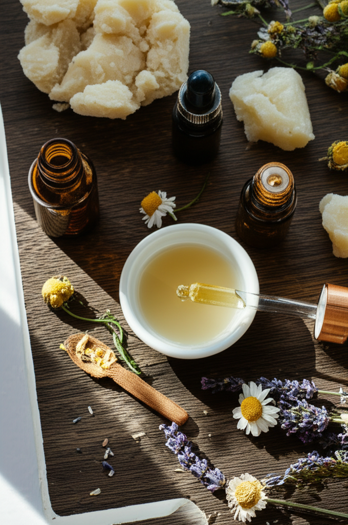 Натуральная косметика из ароматических масел своими руками: процесс смешивания ингредиентов на столе.