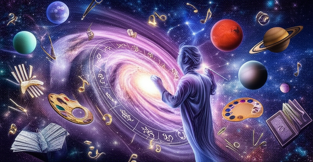 Захватывающая иллюстрация, объединяющая астрологические символы и художественные элементы, демонстрирующая связь между астрологией и искусство творчество по звездам.