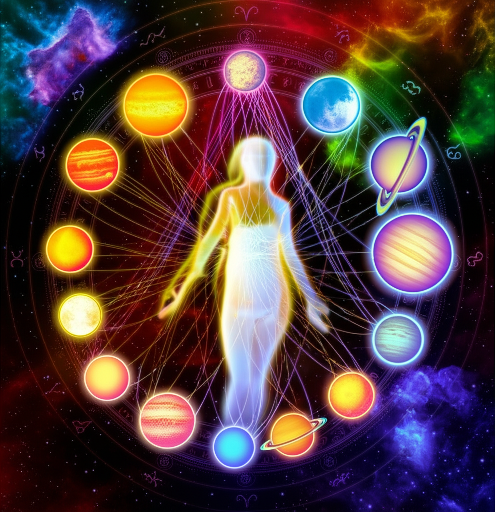 Изображение демонстрирует мистическое влияние планет на характер в астрологии, с центральной светящейся фигурой человека, окруженной планетами Солнечной системы на фоне звездного неба.
