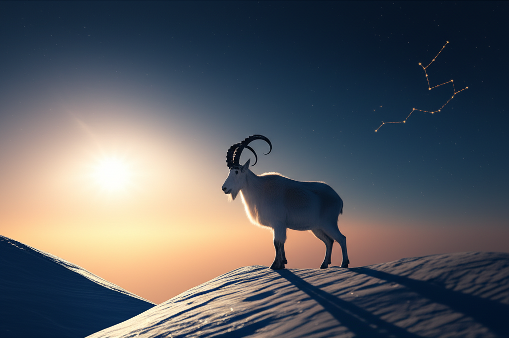 Астрологический символ Козерога на фоне зимнего пейзажа, иллюстрирующий ответ на вопрос козерог какой месяц.