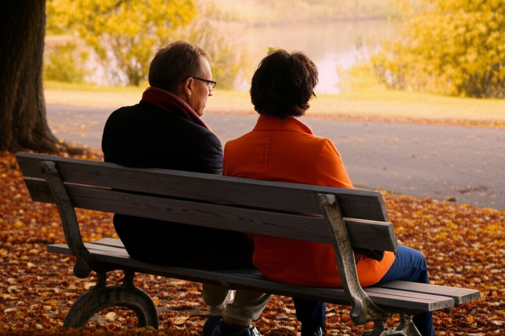Изображение, показывающее двух друзей, мужчины и женщины, сидящих на скамейке в осеннем парке, символизирующее козерог в дружбе: надежность, поддержку и долговременные отношения. Мягкий свет заката, спокойная атмосфера.