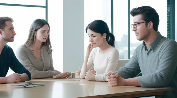 На изображении показано красноречие жестов в групповой беседе, демонстрирующее нюансы невербального общения.