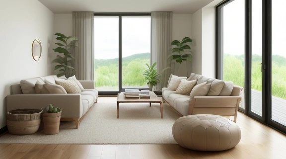 Уютный интерьер гостиной с большими окнами, отражающий Критерии идеального дома через свет, простор и гармонию с природой.