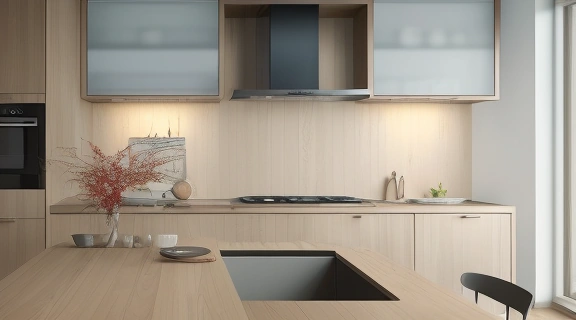 Дизайн кухни, демонстрирующий Кухня гармония огня и воды с использованием современных материалов и продуманного освещения.