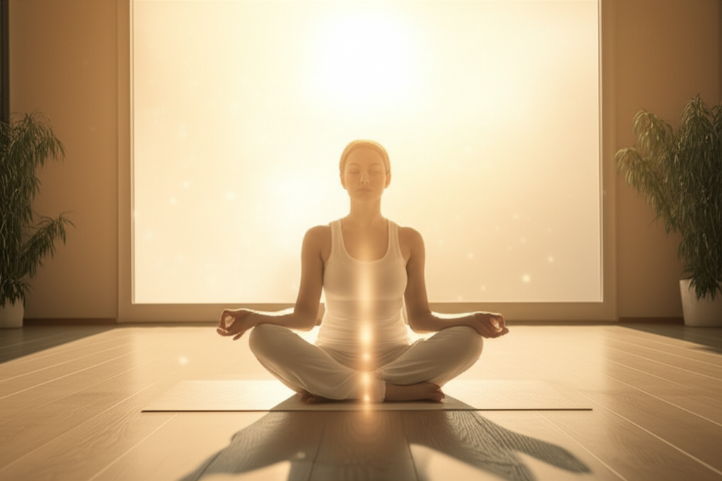 Женщина практикует кундалини йога в светлой комнате для пробуждения внутренней энергии.