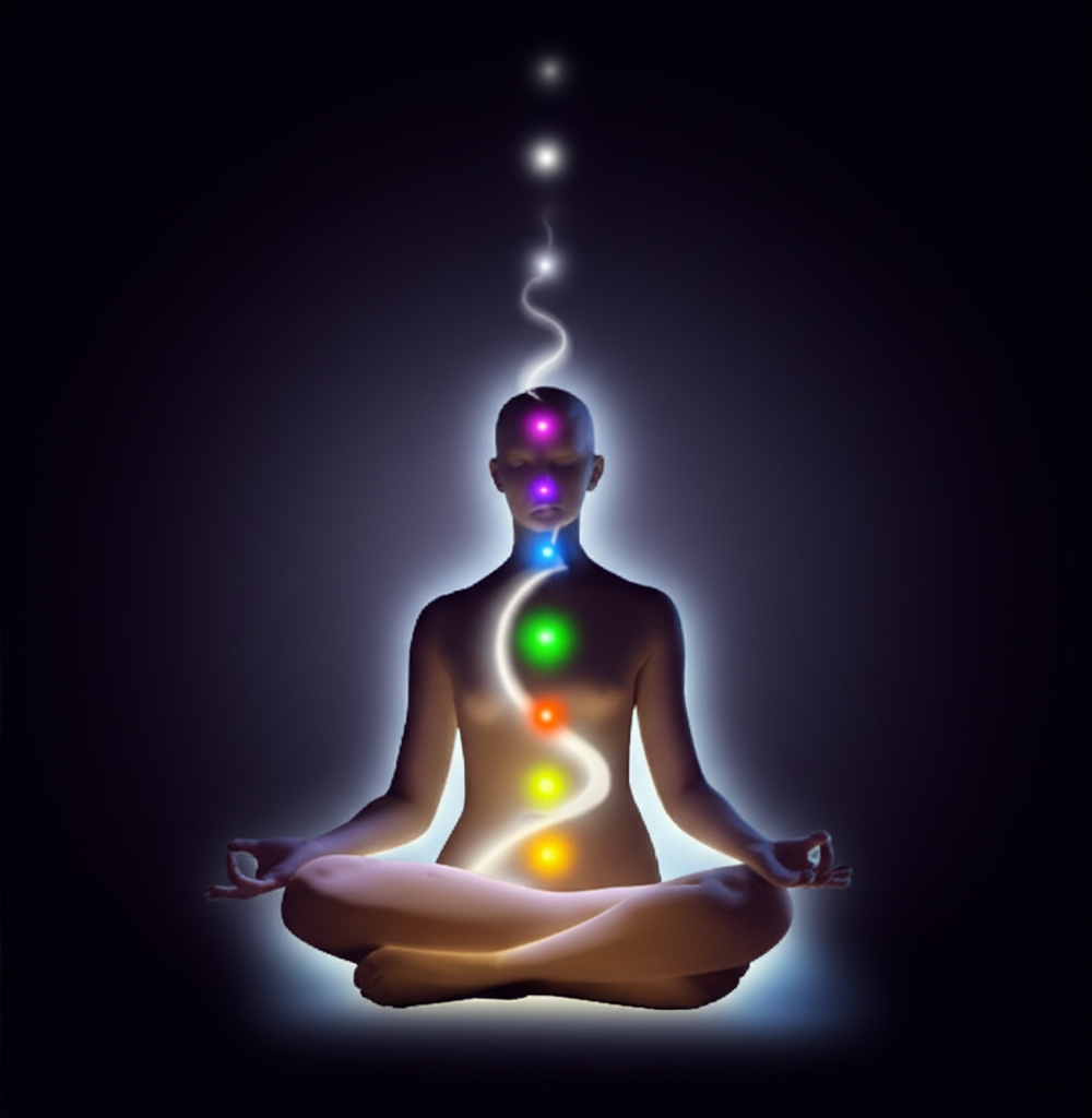 Человек в медитативной позе, которого окружает сияние, демонстрируя, что такое Кундалини йога.