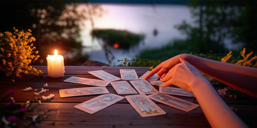 Женские руки раскладывают купальский расклад на деревянном столе при свете свечи.