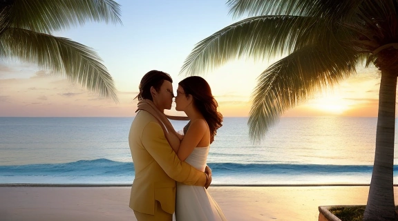 Романтическая пара обнимается на пляже, символизируя поиск и укрепление чувств на курорт за любовью