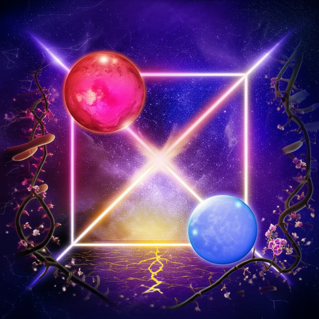 Иллюстрация, символизирующая внутреннее напряжение и динамику, которые вызывает квадрат планет в натальной карте, с изображением пересекающихся линий, планет и элементов трансформации.