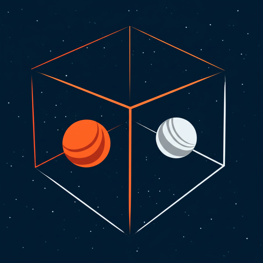 Абстрактная схема, иллюстрирующая напряженный аспект квадратура в астрологии между двумя планетами.