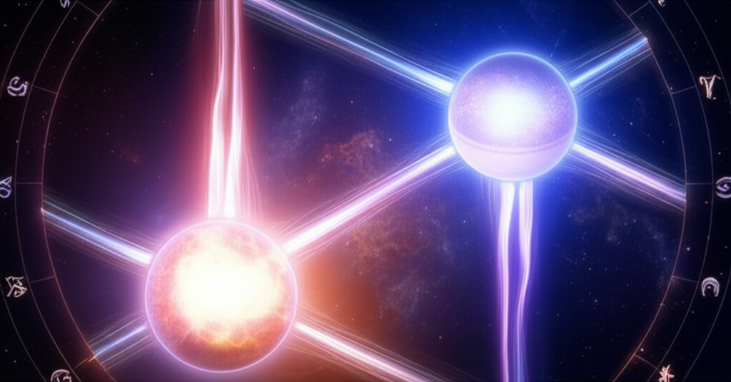 Изображение демонстрирует абстрактную и динамичную визуализацию астрологической карты с акцентом на квадратуру в карте гороскопа, показывая две планеты в напряжённом аспекте.