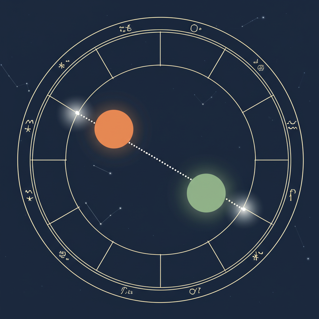 Астрологическая схема, иллюстрирующая квинконс в астрологии между двумя планетами.