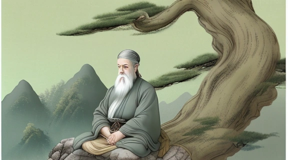 Мудрый старец Лао-цзы, сидящий в окружении горной природы, размышляет над свитком с древними письменами.