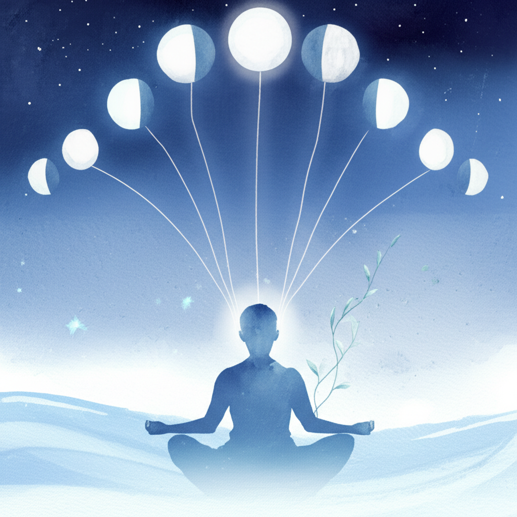 Иллюстрация, демонстрирующая связь между фазами Луны и эффективностью лечения по лунному календарю, с силуэтом человека и лунными символами.