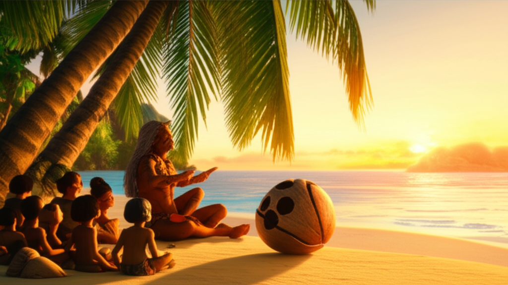 Древний рассказчик повествует детям о том, как появилась легенда кокосовый орех, на фоне тропического заката.