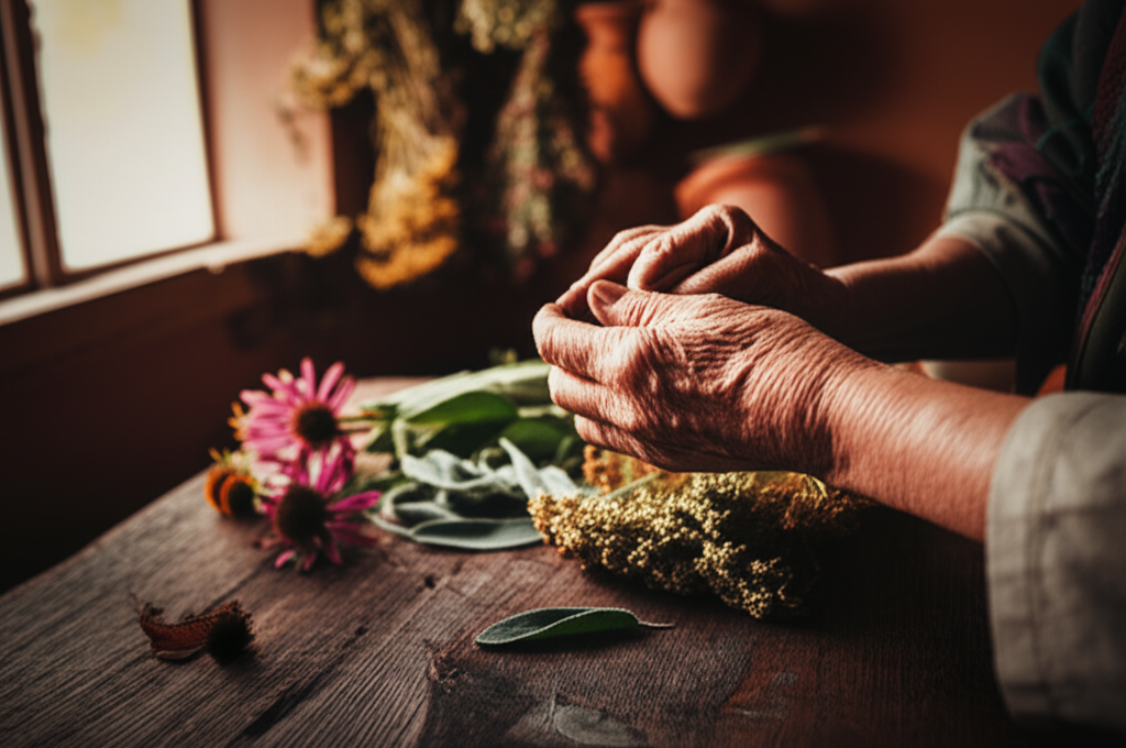 Древние лекарственные растения индейцев, которые целительница перебирает на деревянном столе.