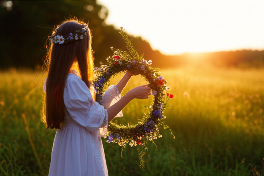 Девушка плетет венок из полевых цветов на рассвете, чтобы в летнее солнцестояние нагадать любовь и счастье.