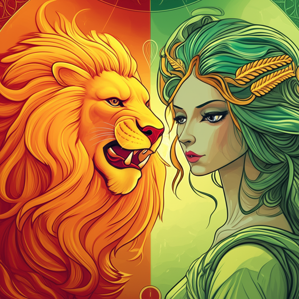 Символическое изображение конфликта между знаком зодиака Лев и Девой, где яркий лев встречается с аналитической девой.