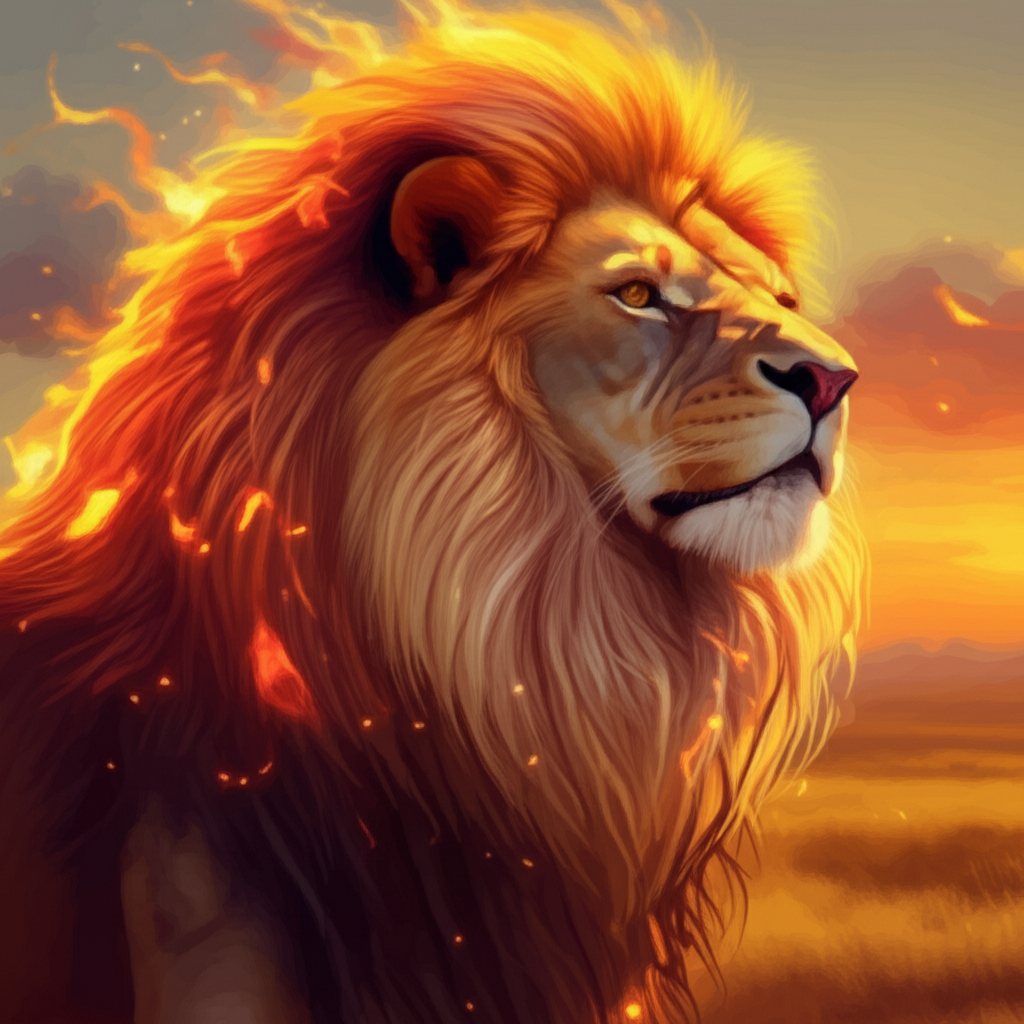 Величественное солнечное божество, раскрывающее, лев какой знак стихии, в окружении огненной энергии.