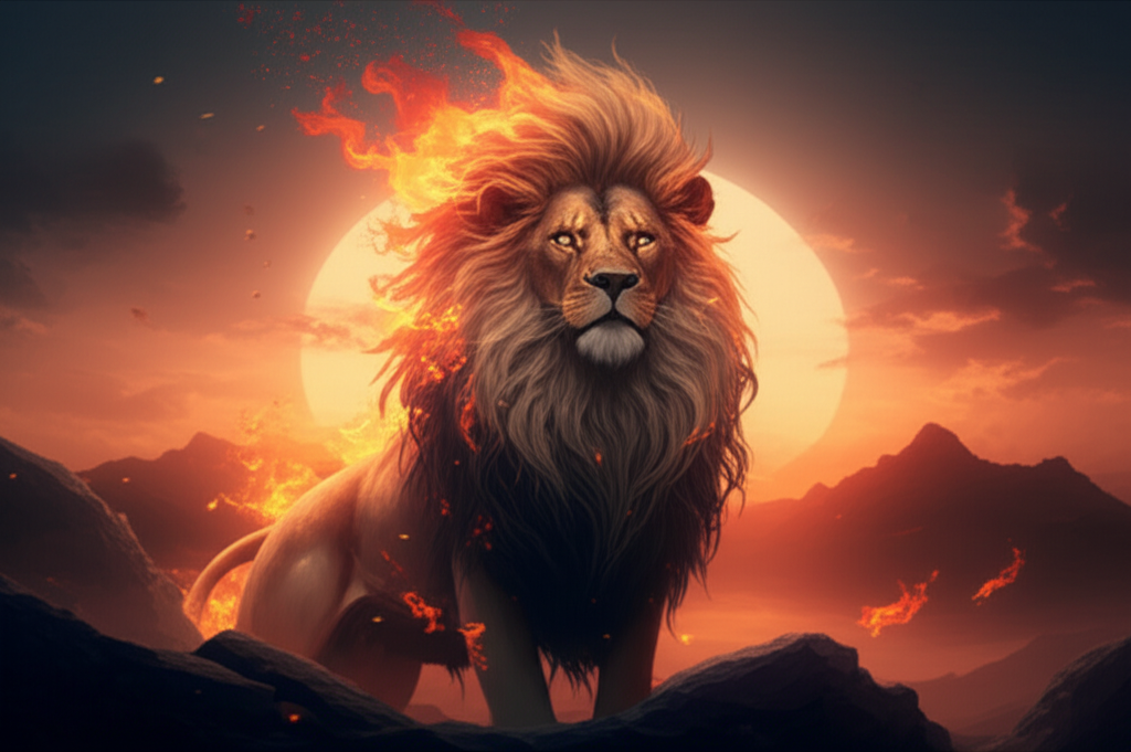 Величественный лев стихия знака Огонь, чья грива состоит из языков пламени на фоне заходящего солнца.
