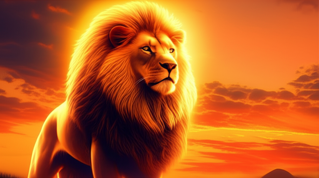Величественный лев на фоне солнца, который символизирует лев знак зодиака стихия Огня.