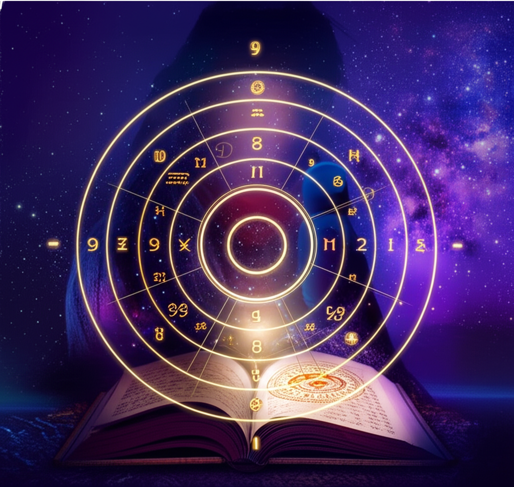 Изображение символизирует цикл личного года по нумерологии, с древней книгой, светящимися числами и задумчивым силуэтом на фоне звёздного неба, отражая глубокое самопознание.