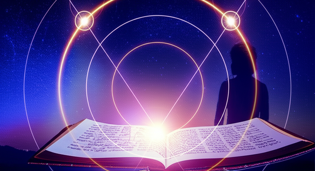 Изображение символизирует цикл личного года по нумерологии, с древней книгой, светящимися числами и задумчивым силуэтом на фоне звёздного неба, отражая глубокое самопознание.