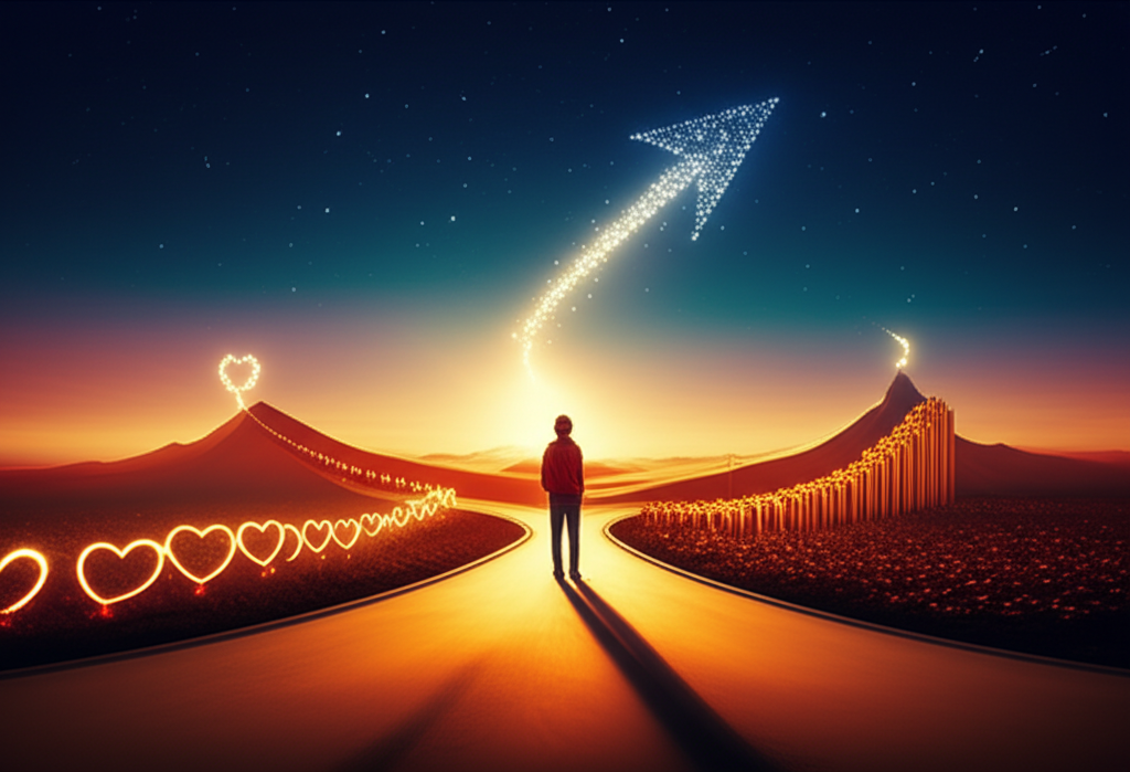 Символическое изображение, где гармонично сочетаются любовь деньги успех звездный шанс.