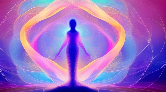 Абстрактное изображение, символизирующее любовь экзистенция духовность через переплетающиеся линии, светлые оттенки и человеческую фигуру на горизонте.