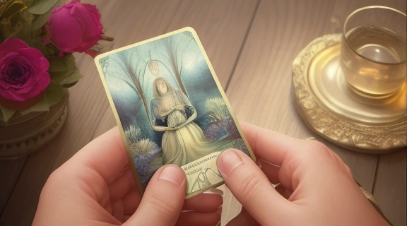 Человек держит карты Таро на деревянном столе, анализируя любовь по картам