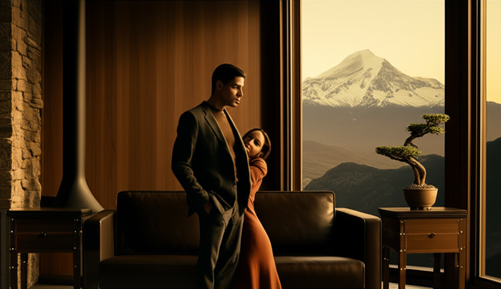 Стабильная и глубокая любовь под знаком козерога, символизируемая парой на фоне гор.