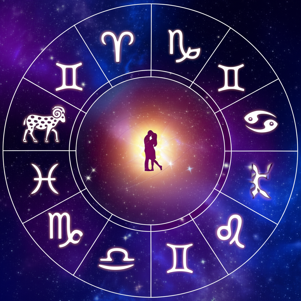 Изображение демонстрирует астрологические символы знаков зодиака, переплетенные с романтическими элементами, на фоне звездного неба, символизирующее подробный любовный гороскоп на год.