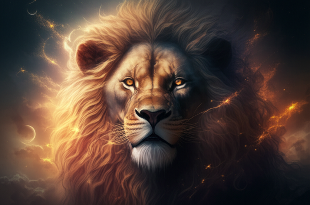 Величественный лев на фоне космического пейзажа, символизирующий страсть и силу в любовном гороскопе на сегодня Лев.