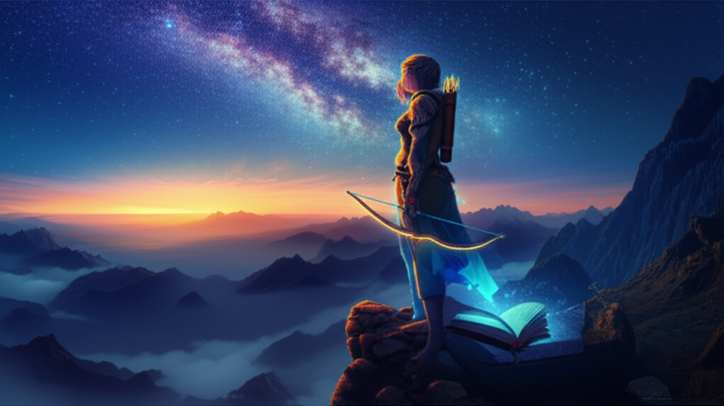 Вдохновляющая иллюстрация, где любознательные стрельцы изображены как искатели знаний среди звезд и древних карт.