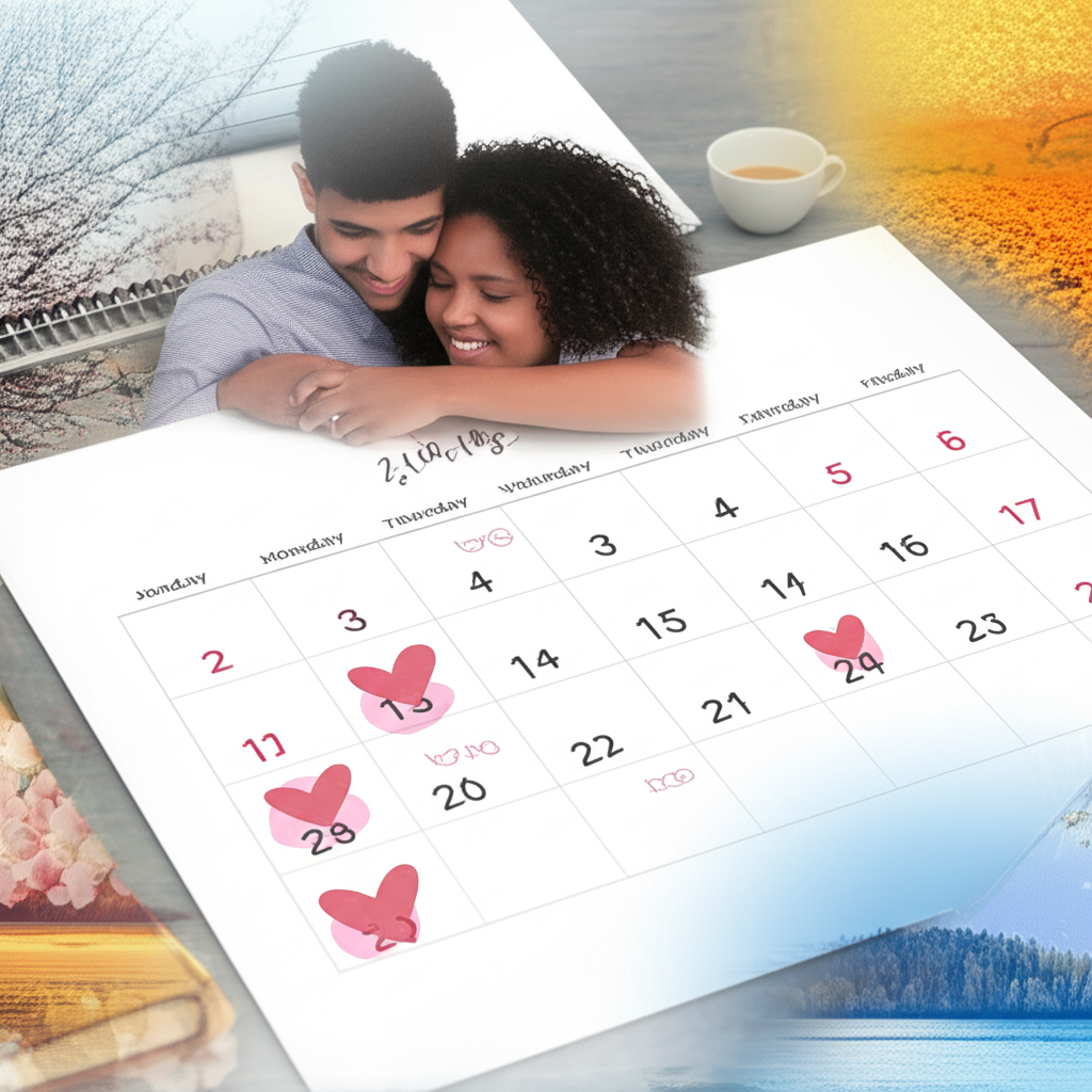 Счастливая пара планирует свою свадьбу, выбирая лучшие дни для свадьбы на календаре, с фоном, меняющимся от весны к лету, осени и зиме.