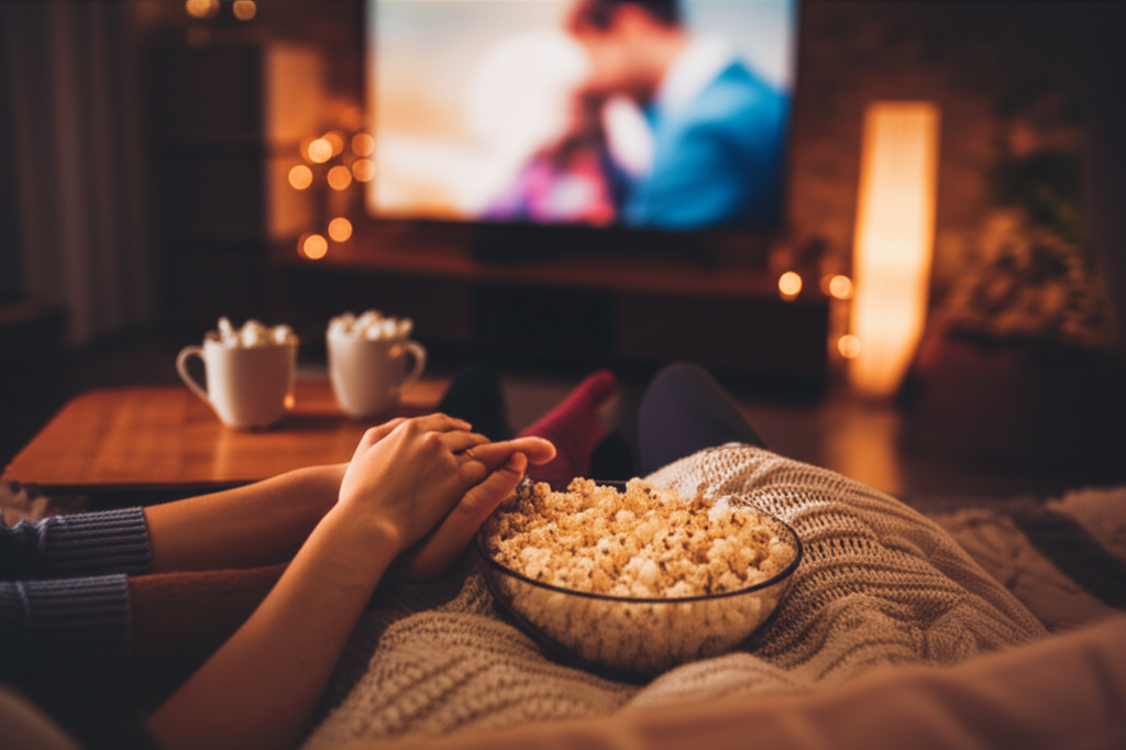 Пара смотрит романтические фильмы для Валентинова дня в уютной домашней обстановке