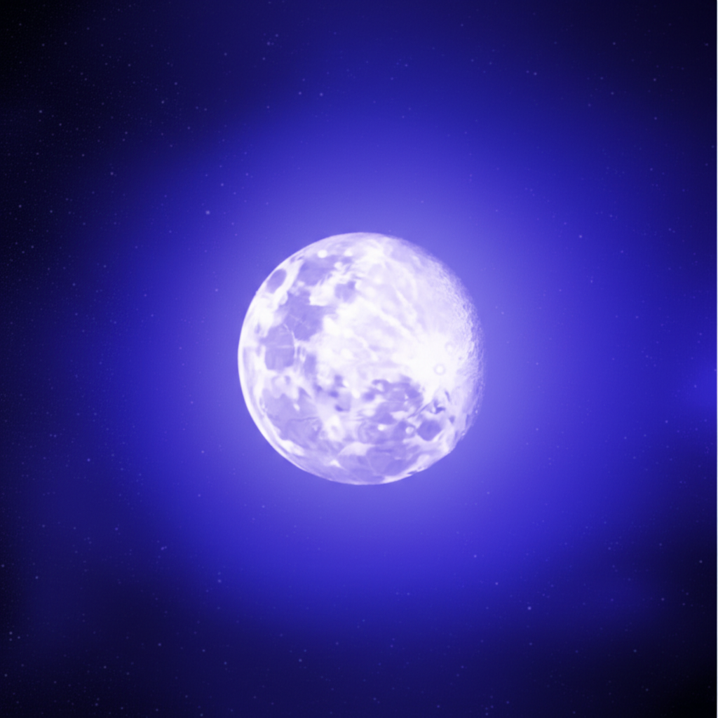 Загадочная Луна без курса в глубоком космосе, окруженная туманной дымкой, символизирующая период размышлений и неопределенности.