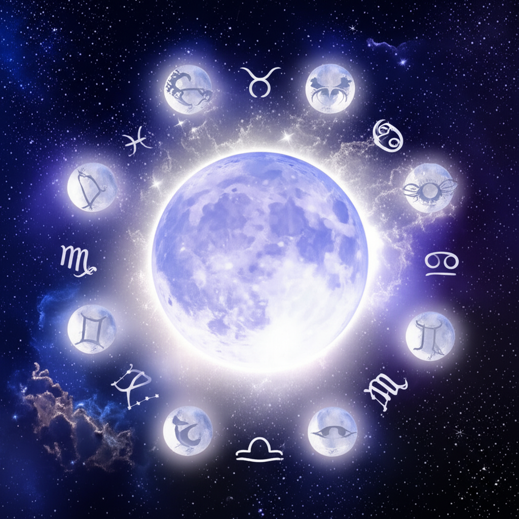 Мистическое изображение Луны, окруженной двенадцатью символами знаков зодиака, иллюстрирующее влияние Луны в знаках зодиака на эмоциональный мир человека.
