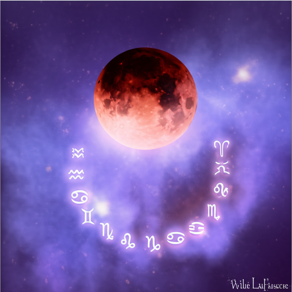 Изображение лунного затмения, символизирующее влияние лунного затмения на знаки зодиака, с мистическим красноватым полумесяцем и абстрактными символами зодиака на фоне космической туманности.